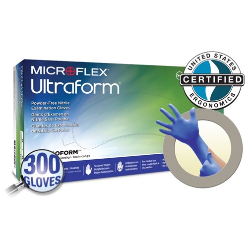 Ansell Gloves - Microflex Ultraform - Blue - Nitrile - Non Sterile - Powder Free - Half Size S/M, 300-Pack