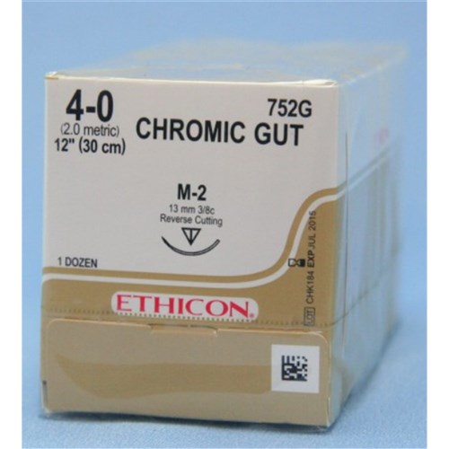 SUTURE Ethicon Chromic Gut 4/0 13mm M2 3/8 Circ rev cut x 12