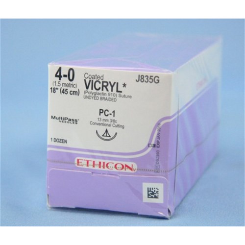 SUTURE PLUS Vicryl 13mm 4/0 PC1 3/8 circl conv cut undyx12