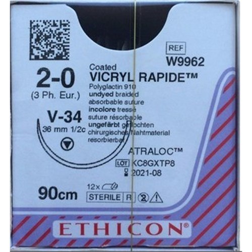 SUTURE Ethicon Vicryl Rap 36mm 2/0 V34 1/2circ Taper Cut x 12