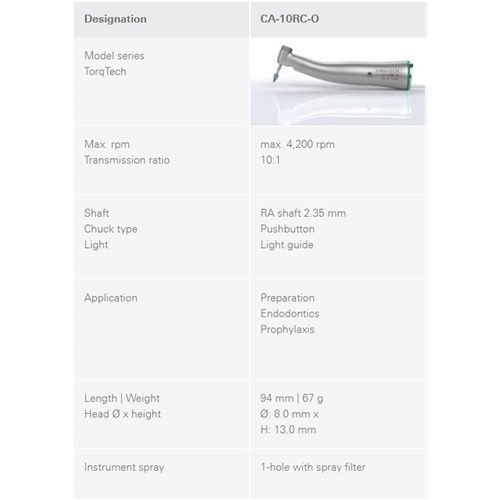 Morita TorqTech Series Handpiece - CA-10RC-O - Contra Angle - Green Band - 10:1 Speed - Reduction - Optic