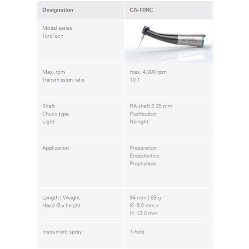 Morita TorqTech Series Handpiece - CA-10RC - Contra Angle - Green Band - 10:1 Speed - Reduction - Non-Optic